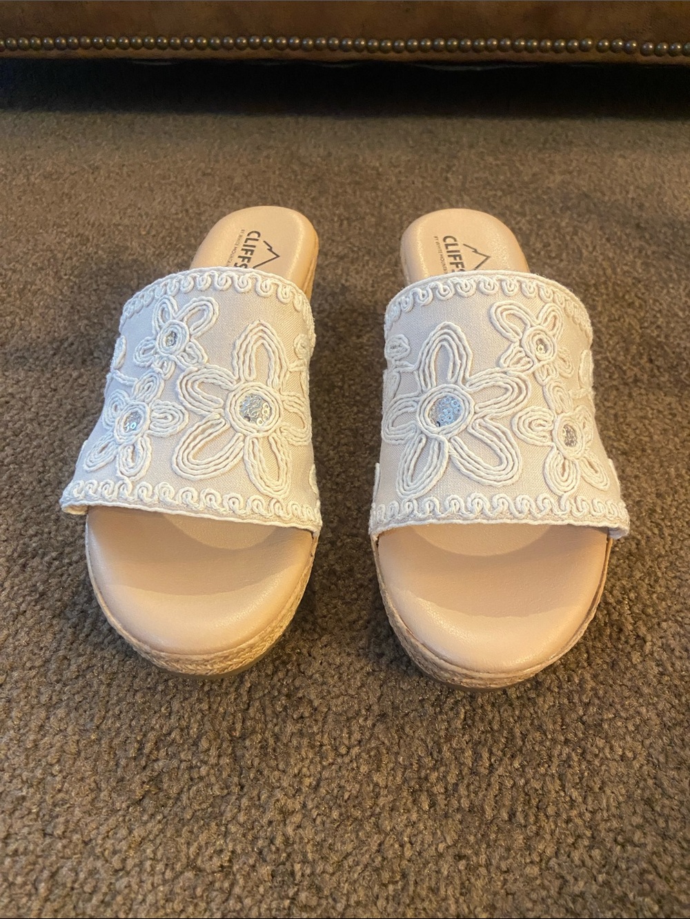 Cliffs by WHITE MOUNTAIN Beige Floral Embroidered Slide Sandals